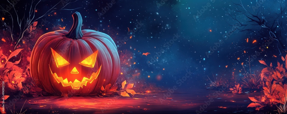 A vibrant Halloween scene featuring a glowing jack-o'-lantern amidst a dark, mystic background of glowing foliage.