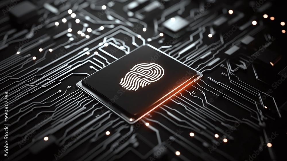 Fingerprint sensor on a circuit board, black background Digital identity privacy. Fingerprint sensor on a circuit board, black background Digital identity privacy.