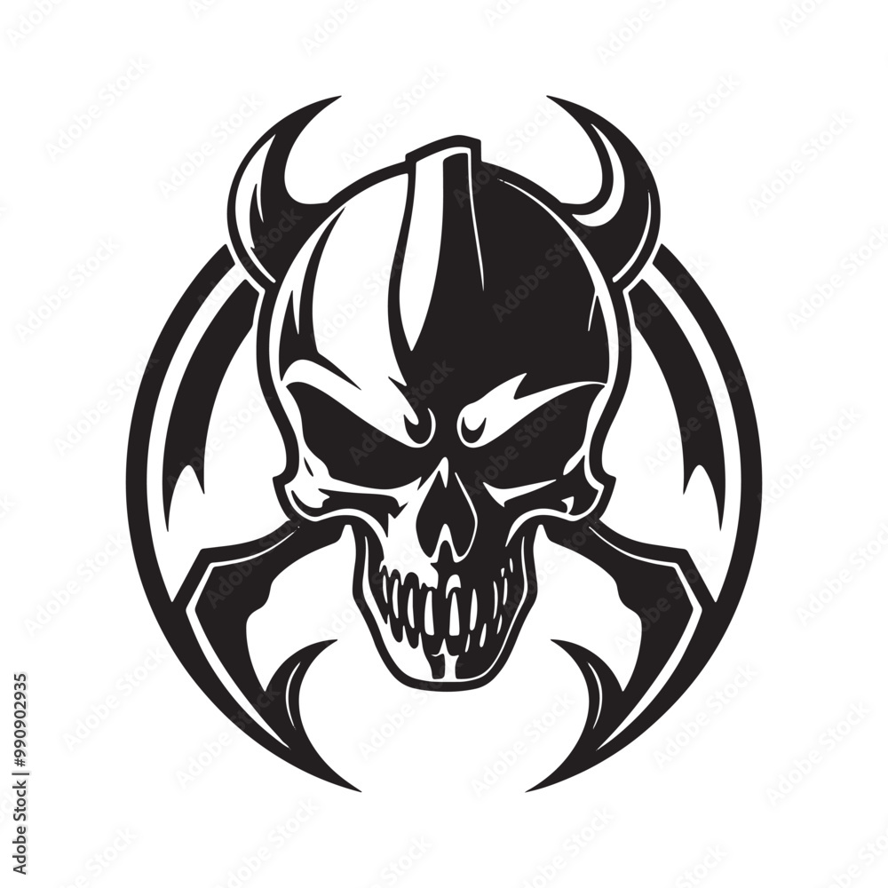 Skull with horns and shield. Vector illustration on white background. Skull with horns and shield. Vector illustration on white background.