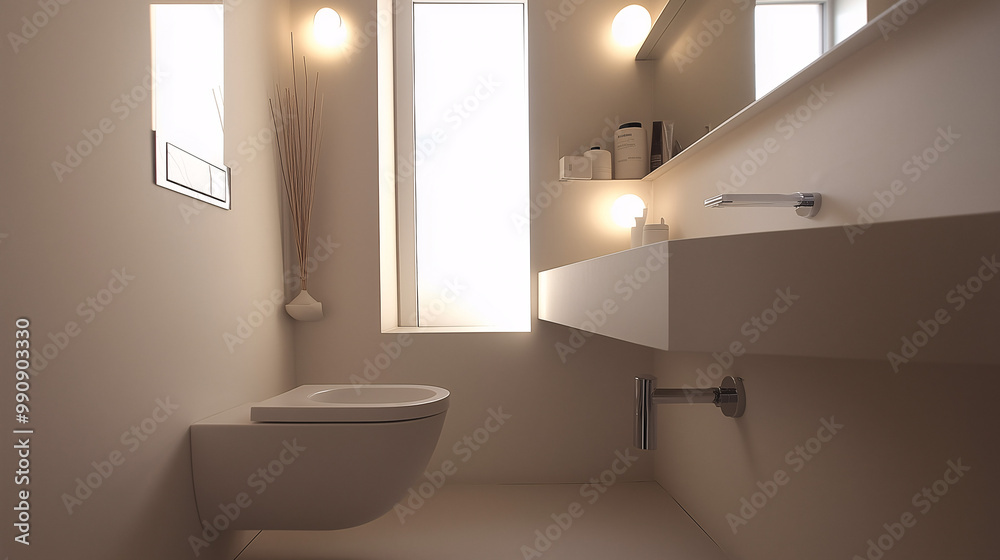 Fototapeta premium Minimalistic small bathroom with built-in shelving, floating fixtures, and a clean design that maximizes the limited space