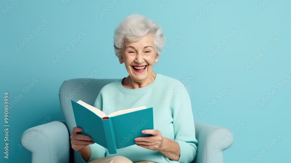portrait of cheerful mature lady professor hold book material story isolated over blue color background, retirement and pensionist portrait of cheerful mature lady professor hold book material story isolated over blue color background, retirement and pensionist