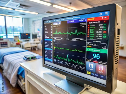 In this high-tech hospital environment, a medical telemetry monitor displays precise patient data, including ECG