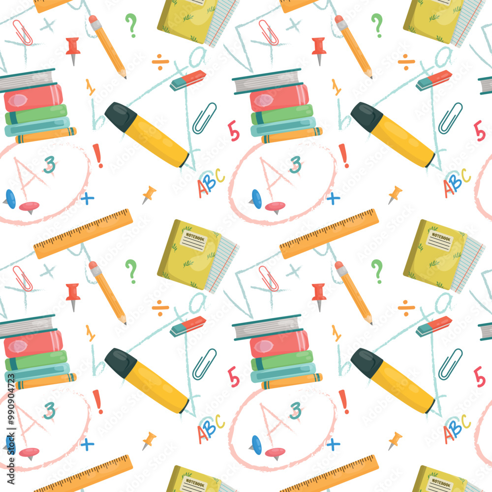 Vector pattern with notebook, stack of books, pencil, ruler and highlighter. Vector pattern with notebook, stack of books, pencil, ruler and highlighter.
