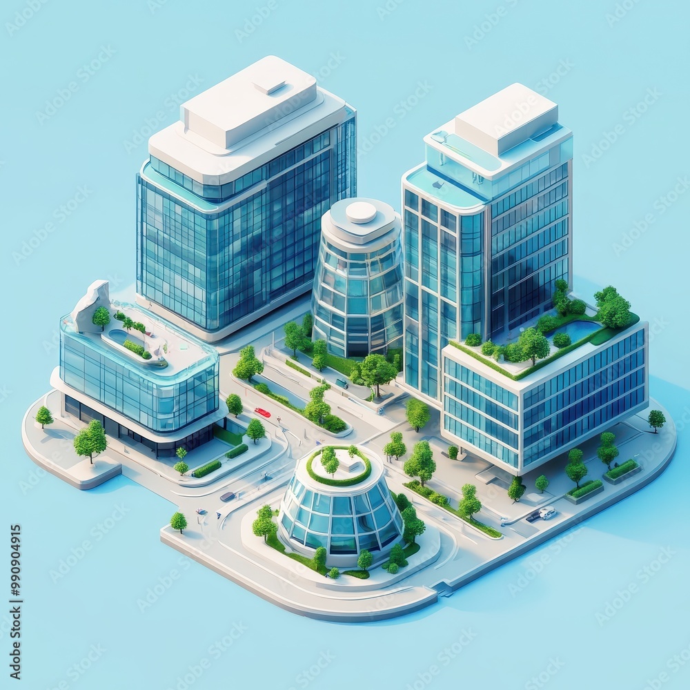 A modern cityscape featuring sleek buildings and green spaces in a vibrant design.