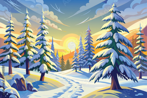 Winter landscape vector sticker design