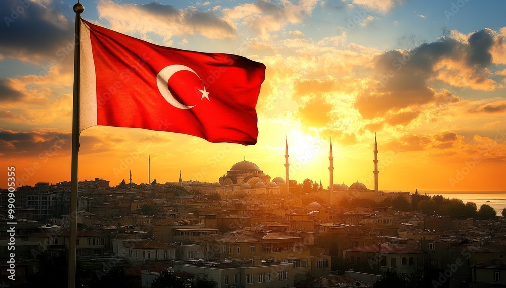 Fototapeta premium Turkish Flag Waving Over Istanbul Skyline at Sunset with Hagia Sophia and Blue Mosque