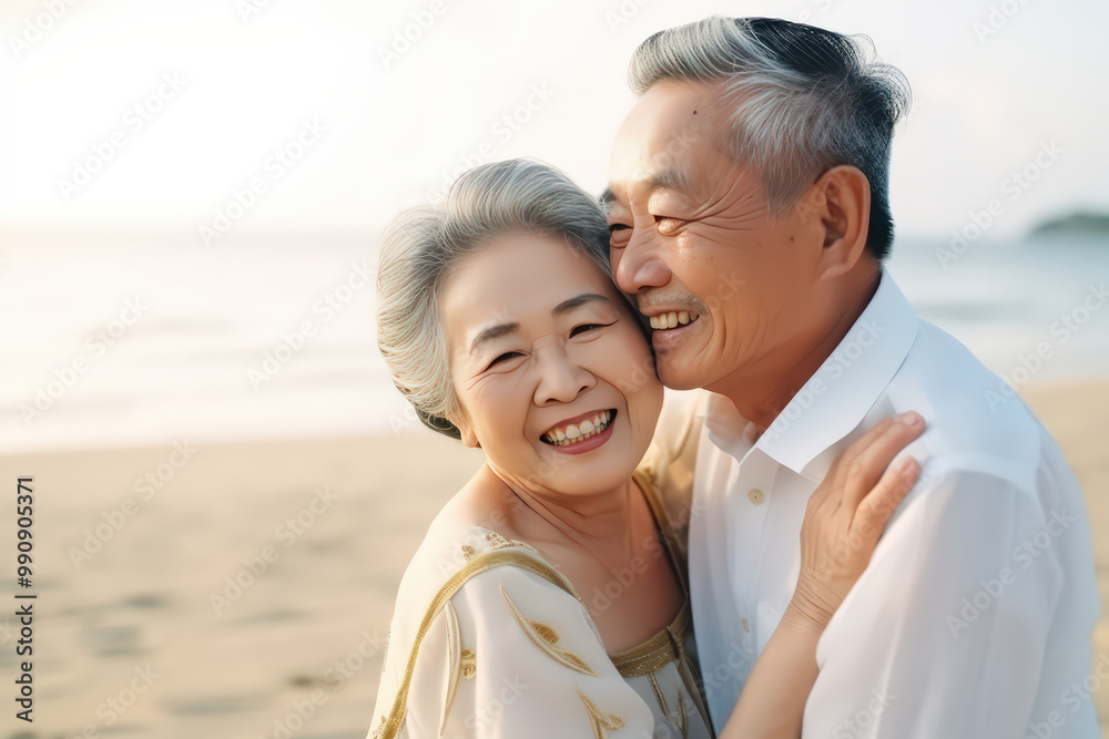 Senior couple hug on the beach happy in love romantic and relax time. , tourism elderly family travel leisure and activity after retirement in vacations and summer Senior couple hug on the beach happy in love romantic and relax time. , tourism elderly family travel leisure and activity after retirement in vacations and summer