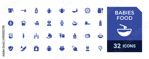 Baby food icon collections, such as bottle, jar, powder, cereal and more. Filled icons set, glyph icons for web and ui. Solid icons set. Vector illustration.