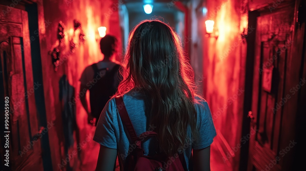 A mysterious hallway illuminated in red and blue light, featuring a person walking ahead while another follows closely behind. A mysterious hallway illuminated in red and blue light, featuring a person walking ahead while another follows closely behind.