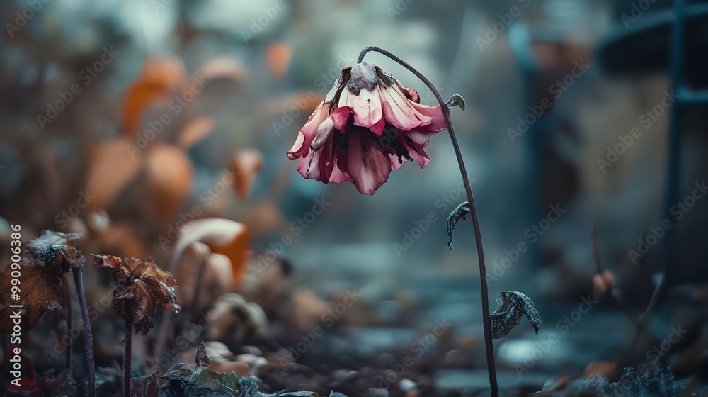 A photograph of a wilted drooping flower in a small neglected garden symbolizing the themes of loss despair and melancholy The muted colors and faded