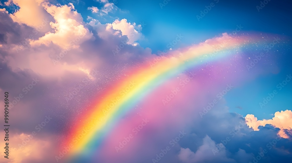 Vibrant rainbow arching across a cloudy sky during a gentle rainfall with raindrops visible in the air and soft sunlight breaking through the clouds isolated on a serene natural background Vibrant rainbow arching across a cloudy sky during a gentle rainfall with raindrops visible in the air and soft sunlight breaking through the clouds isolated on a serene natural background