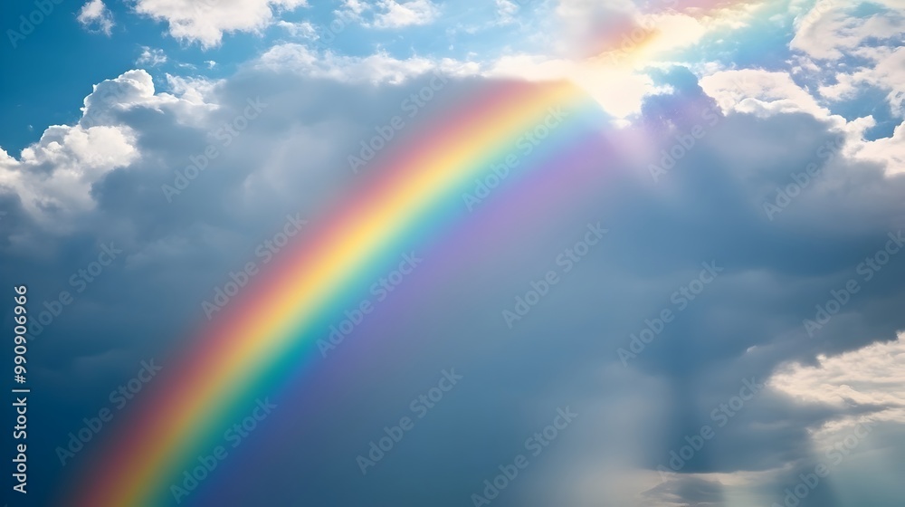 Vibrant rainbow arching across a cloudy sky during a gentle rainfall with raindrops visible in the air and soft sunlight breaking through the clouds isolated on a serene natural background Vibrant rainbow arching across a cloudy sky during a gentle rainfall with raindrops visible in the air and soft sunlight breaking through the clouds isolated on a serene natural background