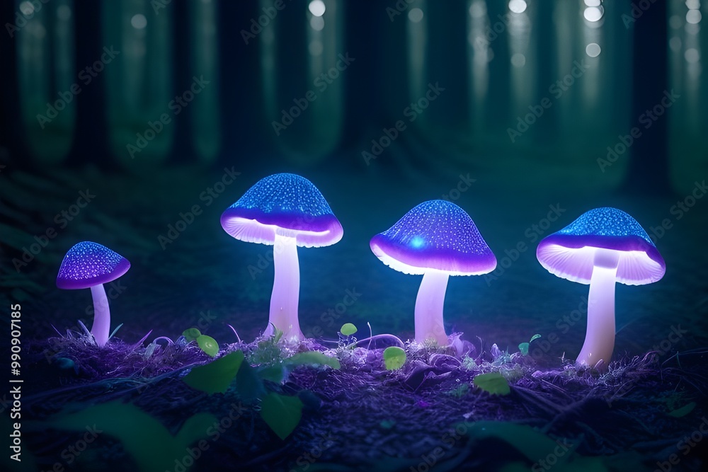 Fototapeta premium glowing mushrooms in a dark enchanted forest