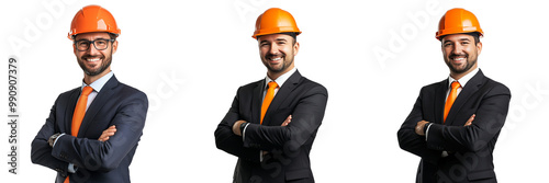 set of A smiling engineer in an orange helmet and business suit stands with his arms crossed a real photograph. on a transparent background png 