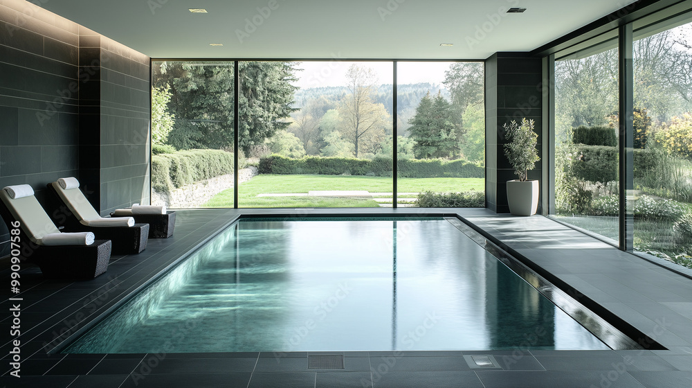 Fototapeta premium Modern indoor pool with sleek, dark tiles, minimalistic furniture, and a wall of windows overlooking a landscaped garden