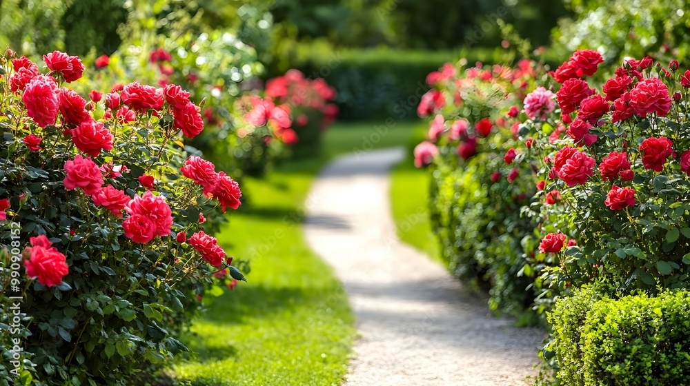 Stunning photograph showcasing a lush well manicured garden filled with vibrant red roses in full bloom surrounded by neatly arranged bushes and a winding pathway Stunning photograph showcasing a lush well manicured garden filled with vibrant red roses in full bloom surrounded by neatly arranged bushes and a winding pathway