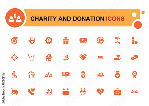 Charity and donation icon collection. Help, volunteer, donated, filled icons set, glyph symbol for web and ui. Solid icon set. Vector illustration.