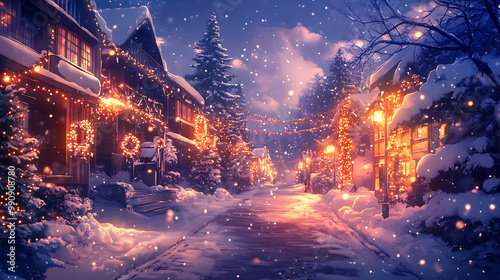 Charming background with a cozy anime winter scene, showcasing snow-covered streets, warm lights, and decorations