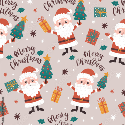 Christmas seamless pattern with santas and gifts. Perfect for Christmas paper, fabric and gift designs.