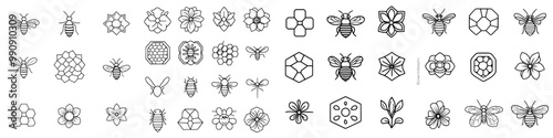 A set of outlined honey bee logos. An isolated element of a minimalist linear sketch representing flowers, honey bees, jars, honeycombs and beehives.