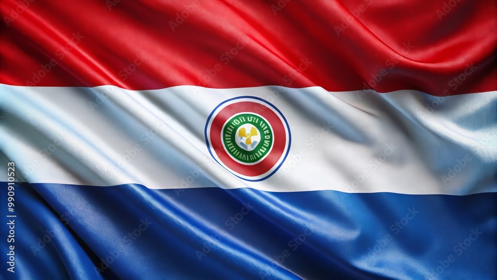 A majestic flag unfurls, showcasing Paraguay's iconic blue and red horizontal design, beautifully emblazoned with the