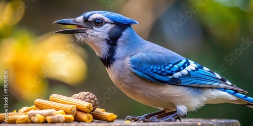 A majestic blue jay alights on a feeder, its iridescent feathers reflecting sunlight as it expertly extracts a photo