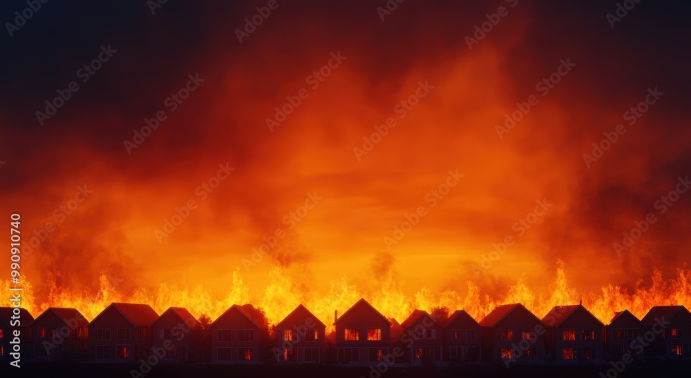 Obraz premium A dramatic scene of intense flames engulfing a row of houses against a dark sky, highlighting the destructive power of fire.