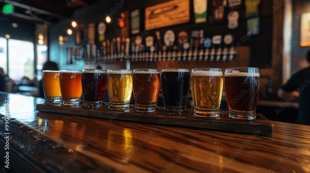 A beer flight on a bar counter, showcasing a variety of beers in small tasting glasses A beer flight on a bar counter, showcasing a variety of beers in small tasting glasses
