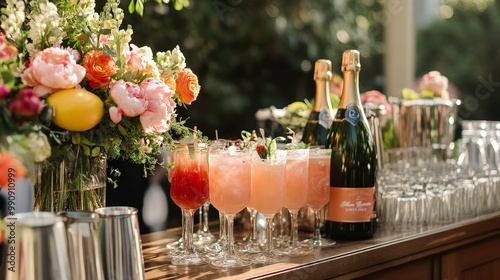 A beverage bar setup at a wedding reception, offering guests a range of options from mocktails to champagne