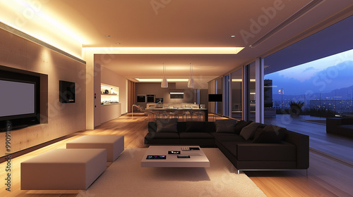 Modern, open-concept living space with a home automation hub controlling lighting, temperature, and entertainment, highlighted by minimalist decor