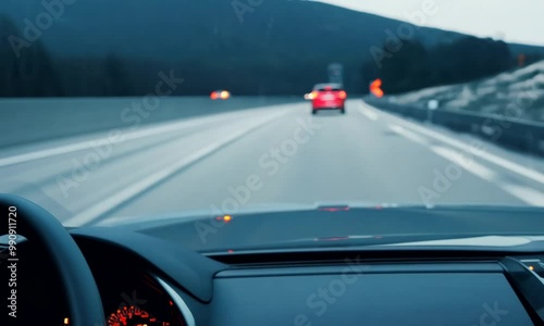 Self driver car dashboard from behind the cockpit with speedometer