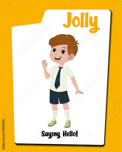 A school boy cartoon character saying hello AKA Jolly. Little boy cartoon character in school uniform. photo