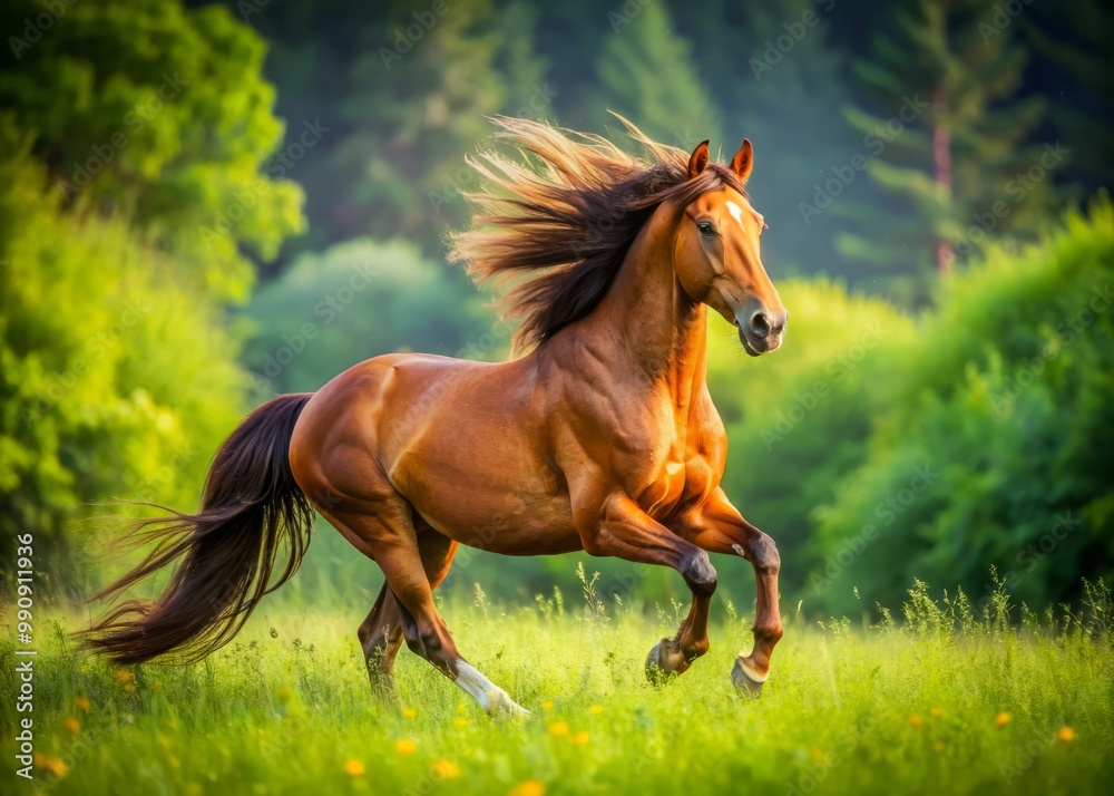 Majestic mare gallops freely through lush green meadowland, mane and tail flowing in the breeze. Majestic mare gallops freely through lush green meadowland, mane and tail flowing in the breeze.