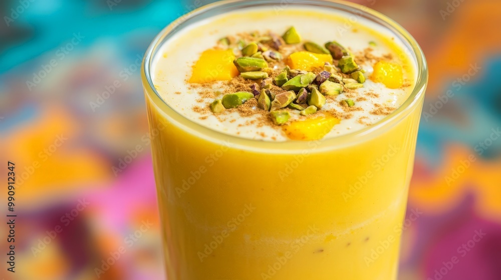 A chilled glass of mango lassi topped with a sprinkle of cardamom and crushed pistachios, set against a colorful background