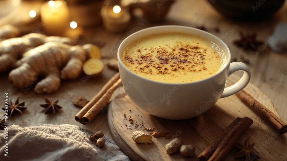 Golden turmeric latte with cinnamon and star anise on wooden table Golden turmeric latte with cinnamon and star anise on wooden table