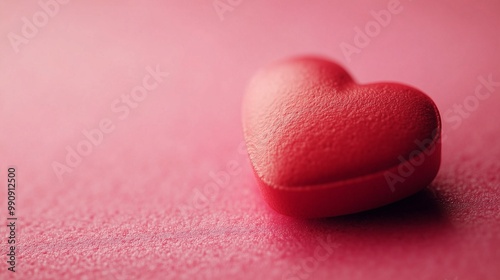 A vibrant red heart rests on a soft pink background, symbolizing love and affection in a simple yet elegant composition.