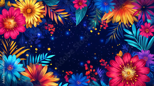 Joyful Eid background with fireworks and floral decorations