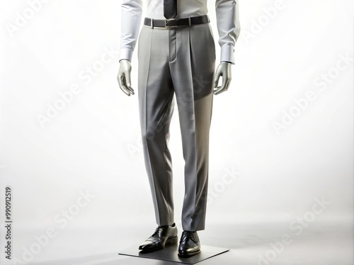 Mannequin wearing tailored gray dress pants on a white background