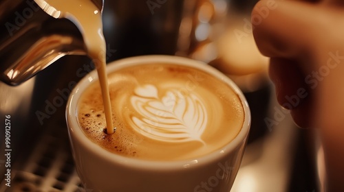 A close-up of hand pouring steamed milk into a shot of espresso, creating latte art photo