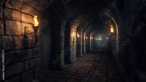 Mysterious underground tunnel with stone walls and flickering torches, creating an eerie atmosphere for adventure or fantasy themes.