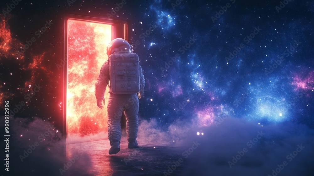Naklejka premium Astronaut entering a fiery cosmic portal in deep space