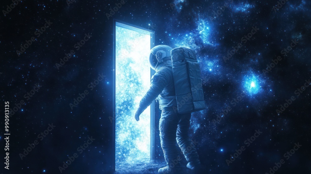 Astronaut entering glowing blue cosmic universe door. Astronaut entering glowing blue cosmic universe door.