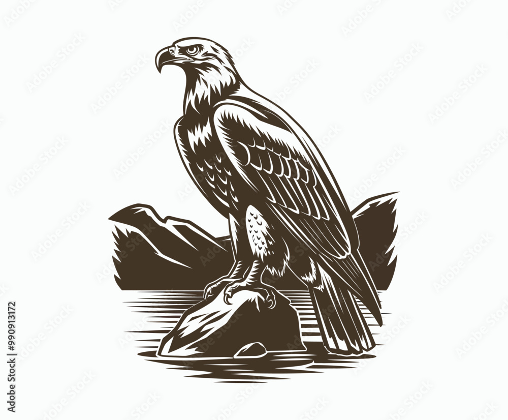 Obraz premium Golden eagle silhouette editable EPS vector isolated illustration template on a white background