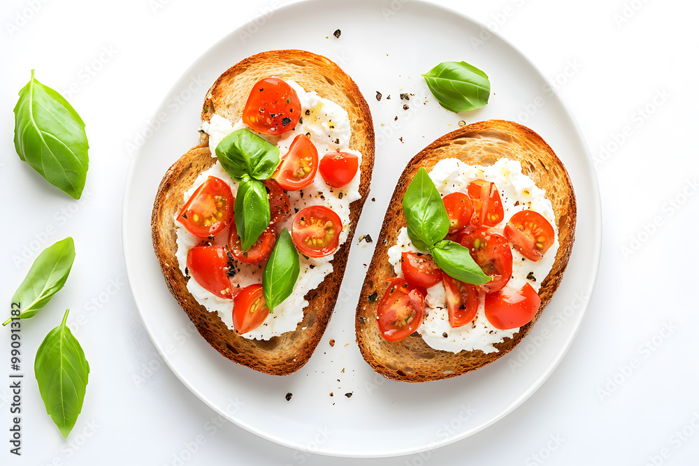Bruschetta Toast with Ricotta Cheese and Tomatoes and Basil top view isolated on white Bruschetta Toast with Ricotta Cheese and Tomatoes and Basil top view isolated on white