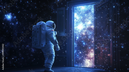 Astronaut facing door to starry intergalactic scenery