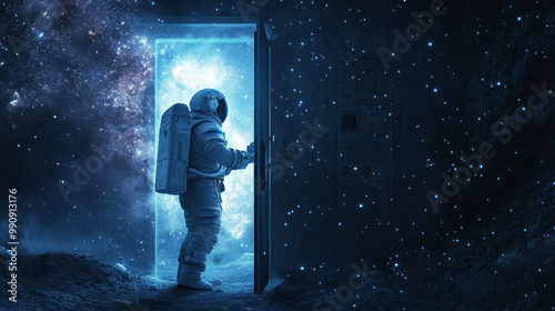 Spacesuit astronaut beside glowing door in blue cosmos.