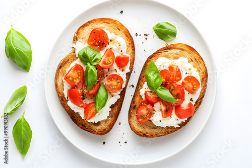 Bruschetta Toast with Ricotta Cheese and Tomatoes and Basil top view isolated on white