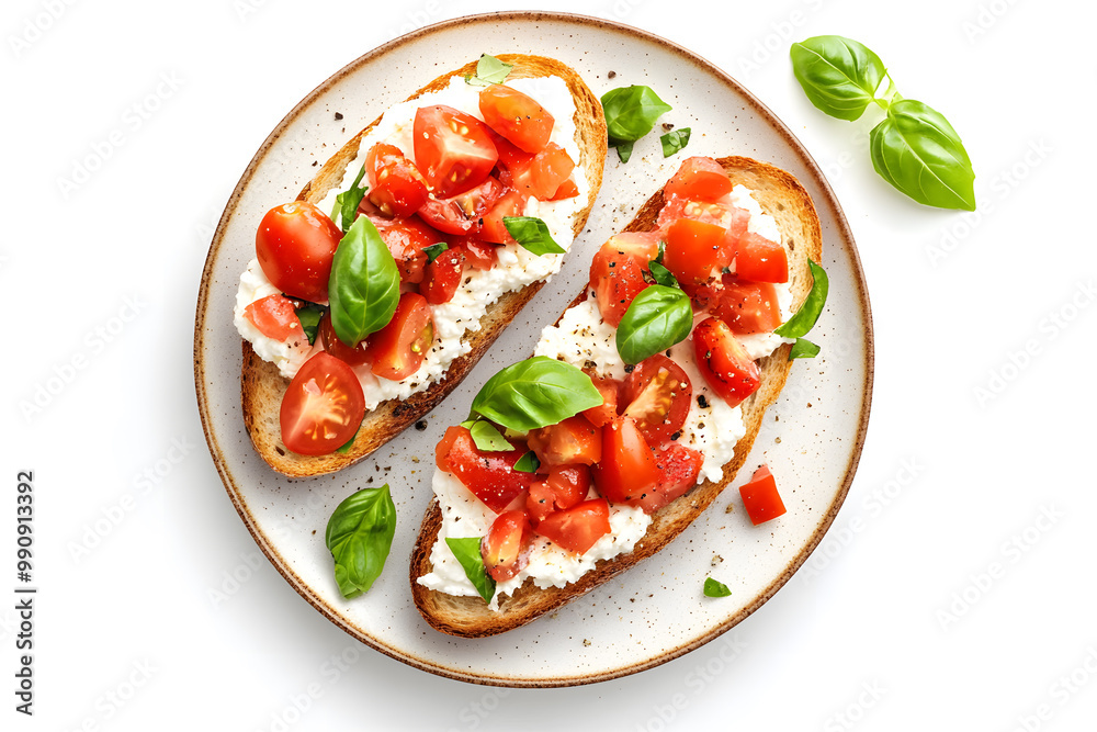 Bruschetta Toast with Ricotta Cheese and Tomatoes and Basil top view isolated on white Bruschetta Toast with Ricotta Cheese and Tomatoes and Basil top view isolated on white