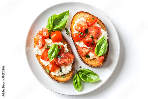 Bruschetta Toast with Ricotta Cheese and Tomatoes and Basil top view isolated on white