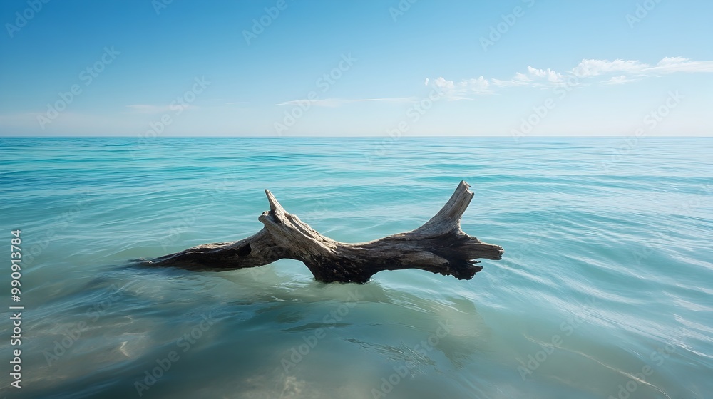 Obraz premium Weathered and Worn Driftwood Slowly Drifting Through a Calm Clear Blue Ocean Seascape with Soft Sunlight Reflecting on the Waves and Distant Horizon
